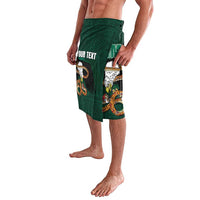 Green wrap sarong with eagle emblem, Aztec-style graphics, YOUR TEXT, side view