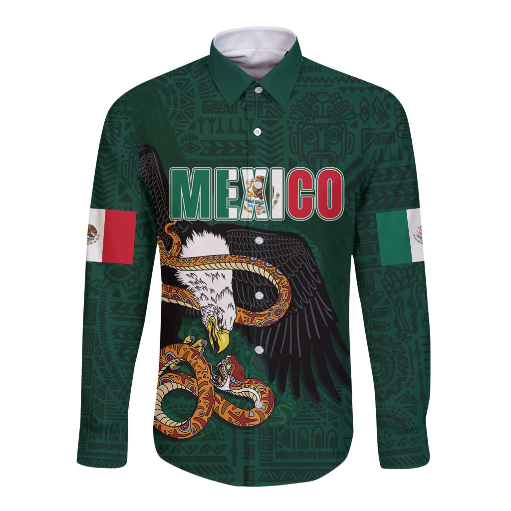 Green long sleeve button shirt with eagle emblem, Aztec pattern, and Mexico graphic