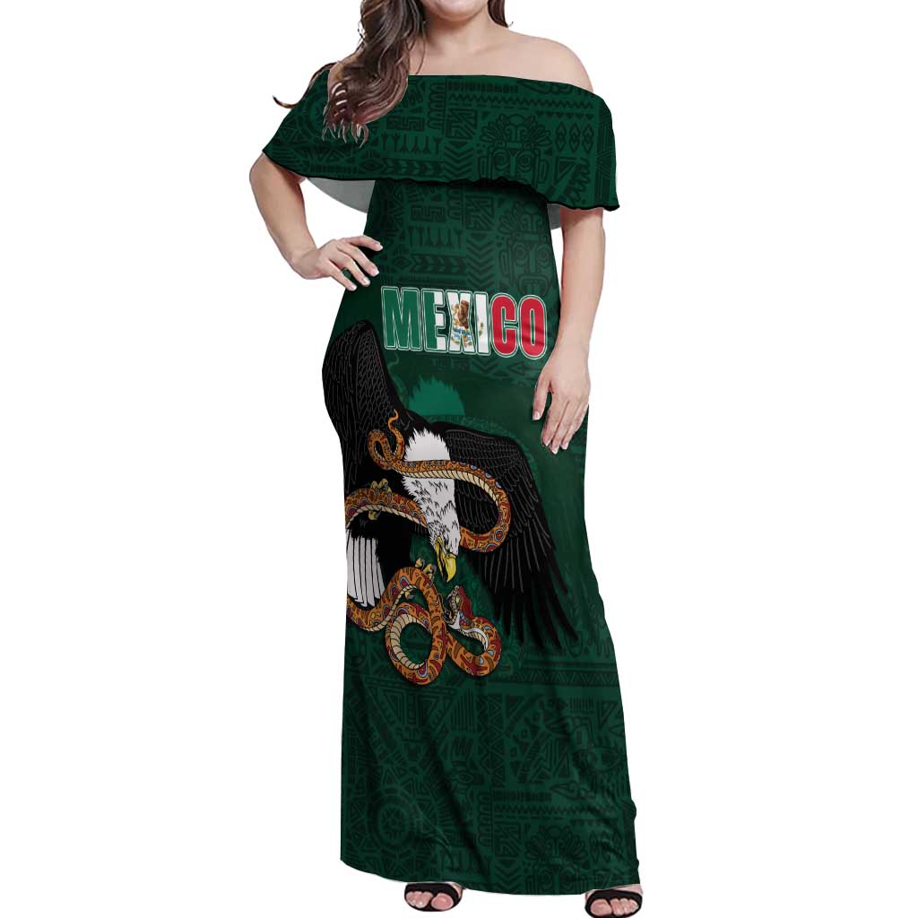 Personalized Mexican Culture Off Shoulder Maxi Dress Aztec Spirit Mexico with Eagle Emblem and Maya Ancient