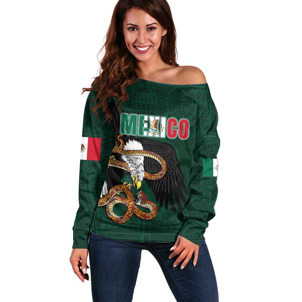 Personalized Mexican Culture Off Shoulder Sweater Aztec Spirit Mexico with Eagle Emblem and Maya Ancient