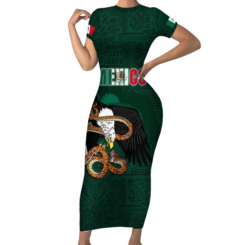 Personalized Mexican Culture Short Sleeve Bodycon Dress Aztec Spirit Mexico with Eagle Emblem and Maya Ancient