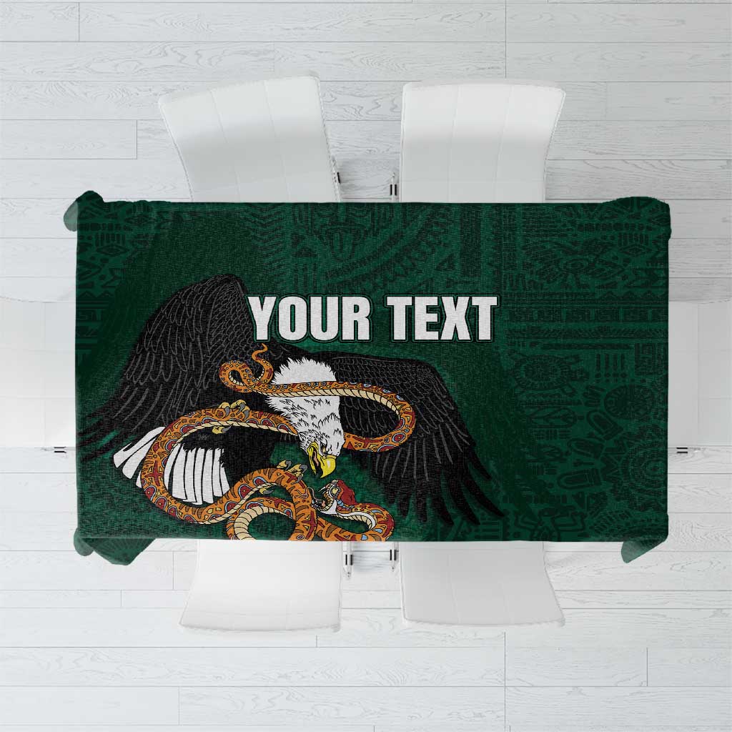 Green tablecloth with dark eagle graphic and decorative border, includes placeholder text.