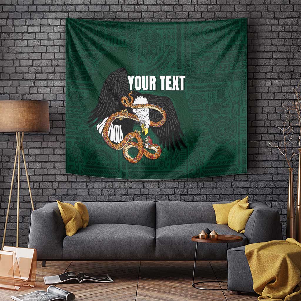 Green tapestry hanging on wall with eagle emblem and custom text