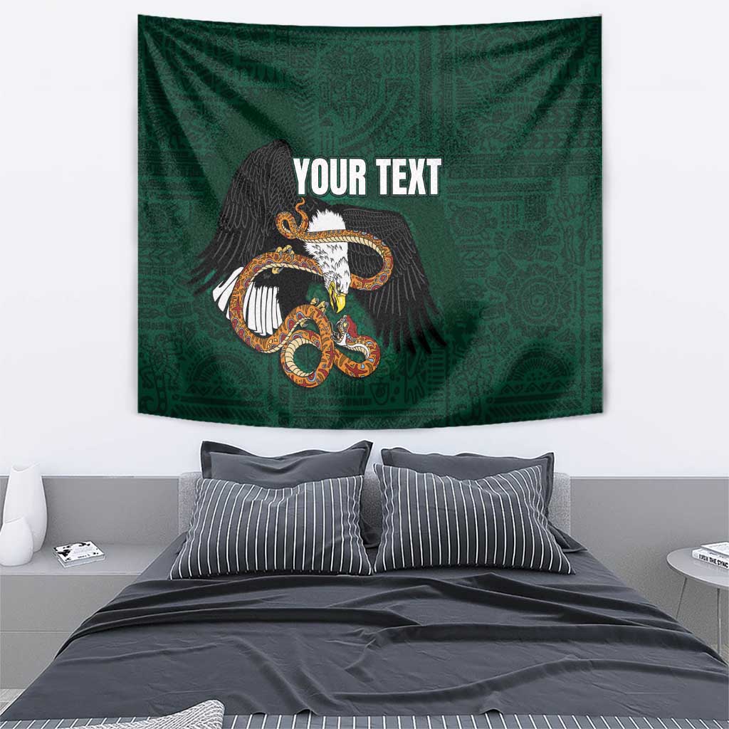 Green eagle emblem tapestry with custom text and ornate Aztec-style pattern