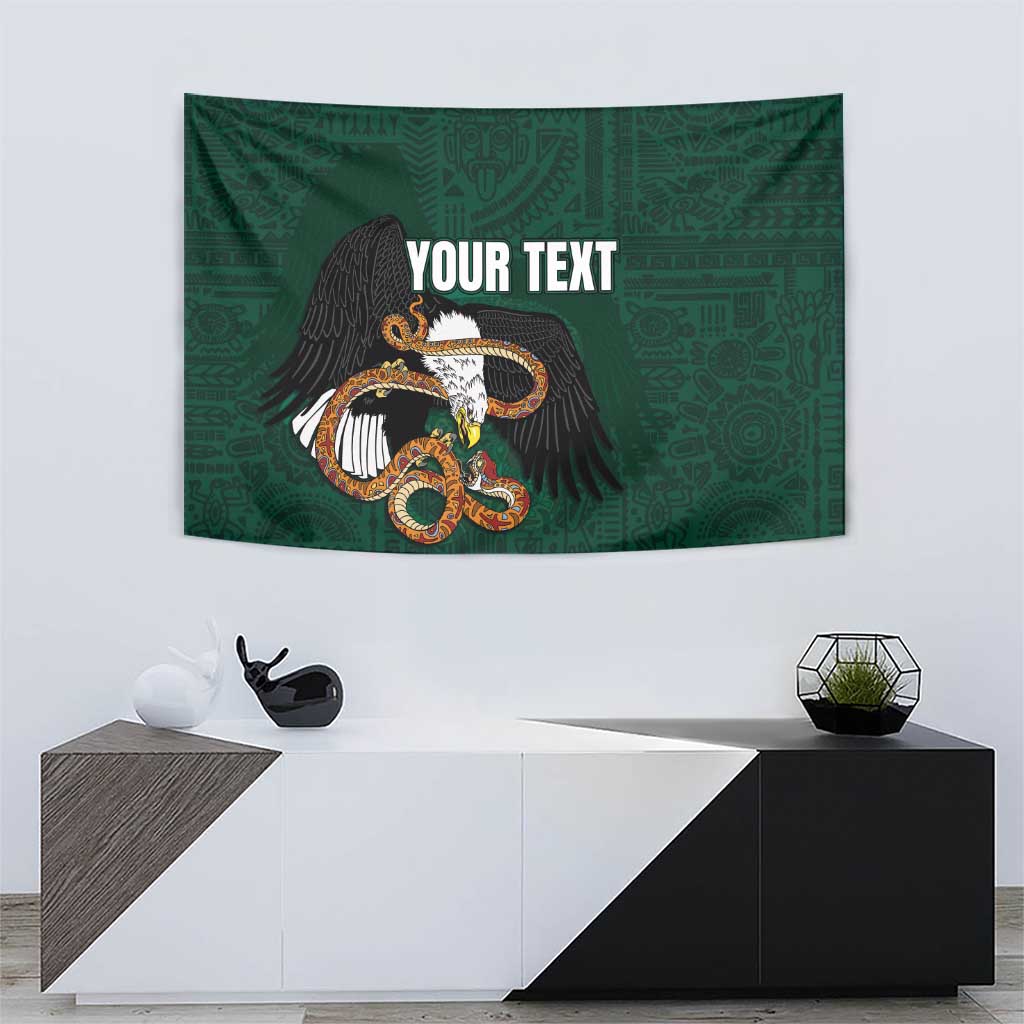Green tapestry featuring eagle emblem and custom text with Aztec-style details