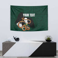 Green tapestry featuring eagle emblem and custom text with Aztec-style details