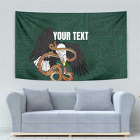 Green tapestry close-up with eagle emblem and custom text, Aztec-style motifs