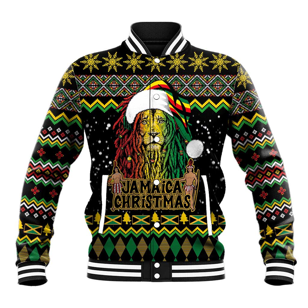 Black baseball jacket with striped rib collar, lion and "Jamaica Christmas" front graphic