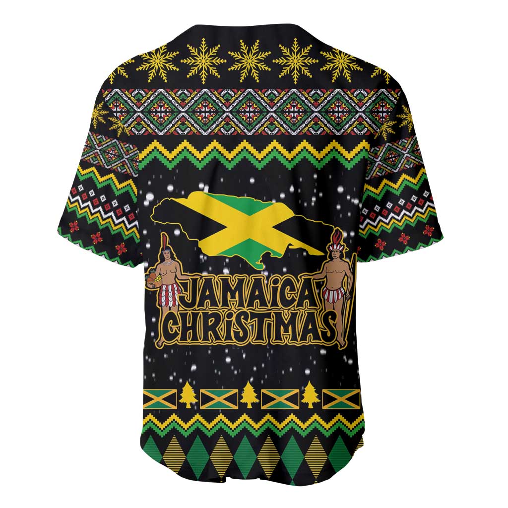 Black Jamaican Christmas baseball jersey back view with Jamaica flag, lion and festive patterns