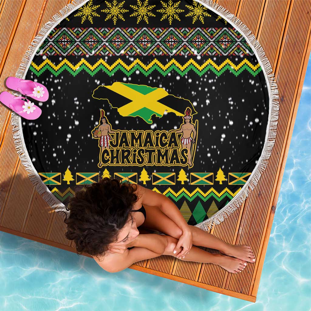 Round black beach blanket with Jamaica Christmas graphic, patterned green-yellow border, fringe