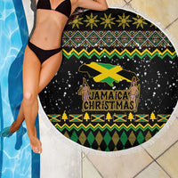 Round black beach blanket with Jamaica Christmas print, snowflake dots and fringe trim