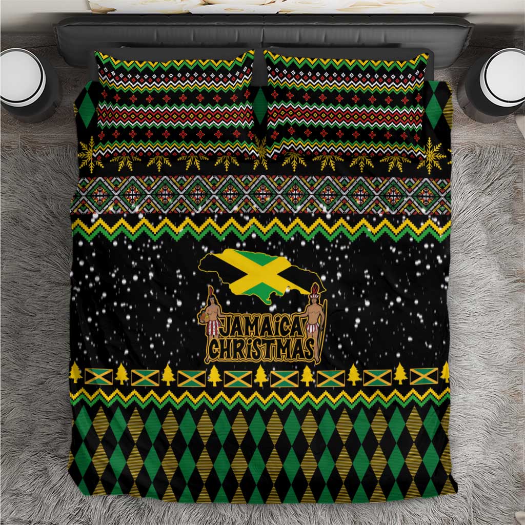Black bedding set with green and yellow geometric bands and Jamaican Christmas graphic