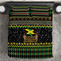Black bedding set with green and yellow geometric bands and Jamaican Christmas graphic