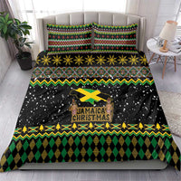 Black duvet set with green, red, and yellow holiday pattern, snowflake dots, Jamaican logo