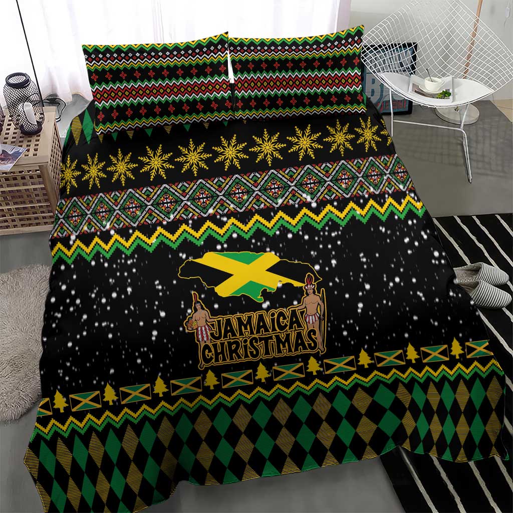 Black bedding set with Jamaican Christmas lion graphic, gold snowflakes, and diamond hem