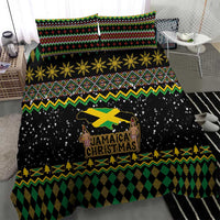 Black bedding set with Jamaican Christmas lion graphic, gold snowflakes, and diamond hem