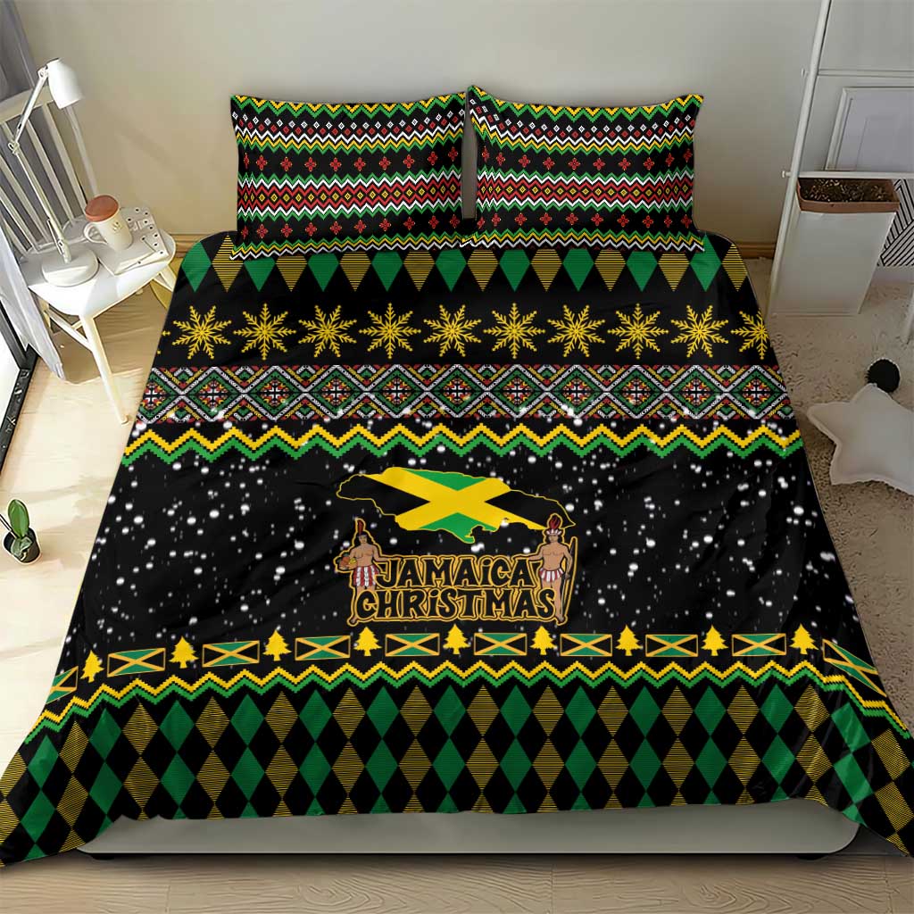 Black duvet cover set with Jamaican Christmas center print, gold snowflake stripe, diamond border