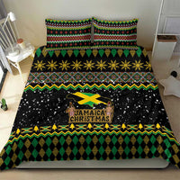 Black duvet cover set with Jamaican Christmas center print, gold snowflake stripe, diamond border