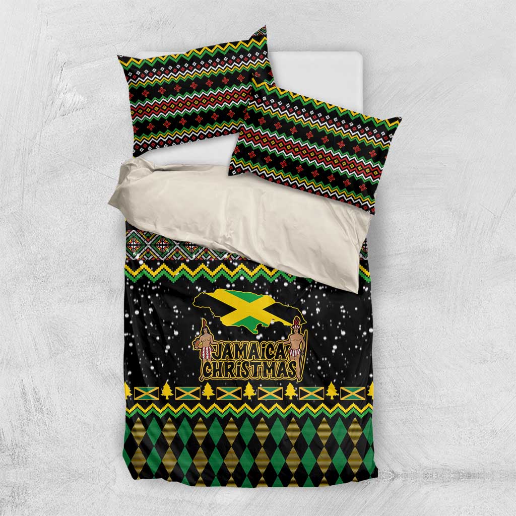 Black bedding set with Jamaican Christmas logo, green diamond pattern, and striped top pillows