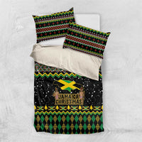 Black bedding set with Jamaican Christmas logo, green diamond pattern, and striped top pillows