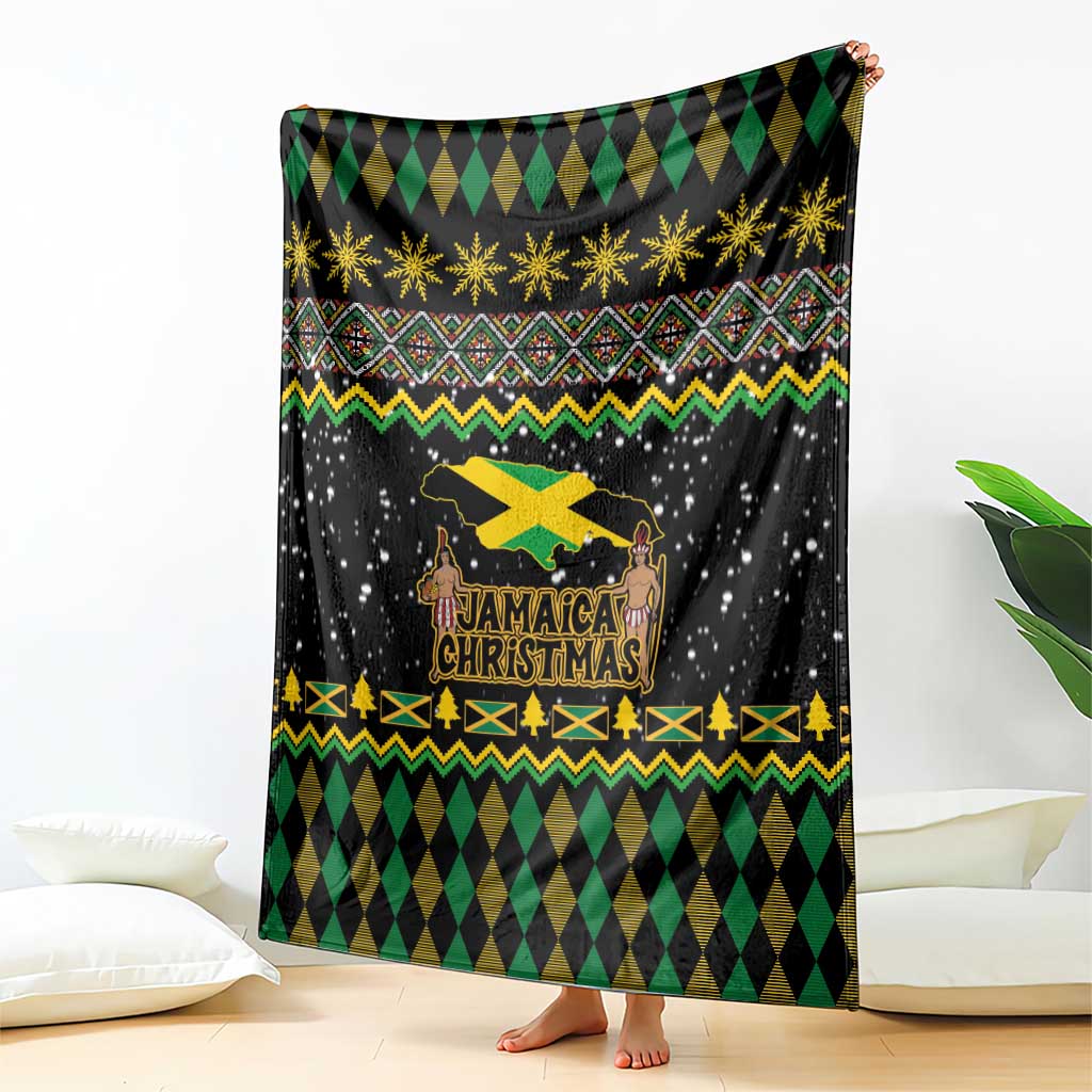 Black throw blanket with Jamaica Christmas graphic, gold stars, and green diamond stripe border