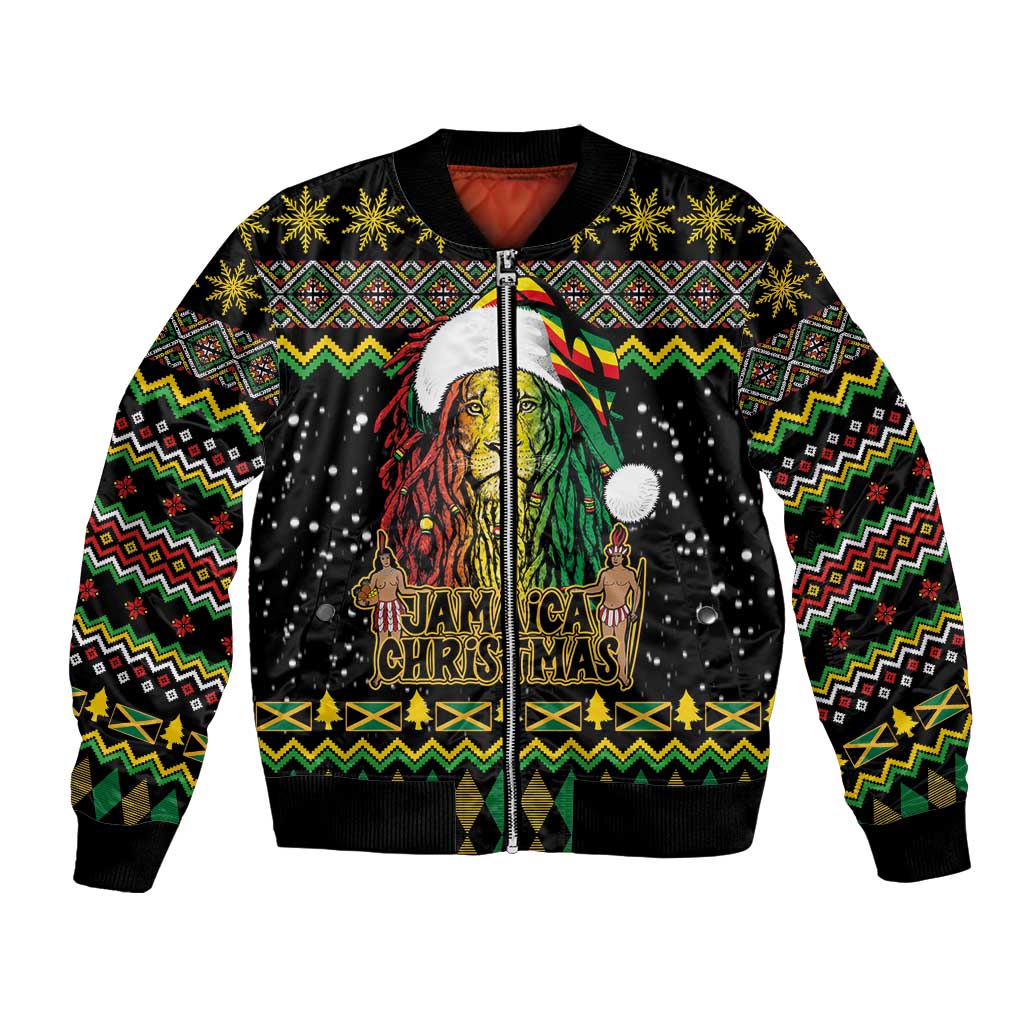 Black bomber jacket with zip front, ribbed cuffs, Jamaica Christmas lion graphic