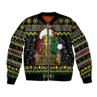 Black bomber jacket with zip front, ribbed cuffs, Jamaica Christmas lion graphic