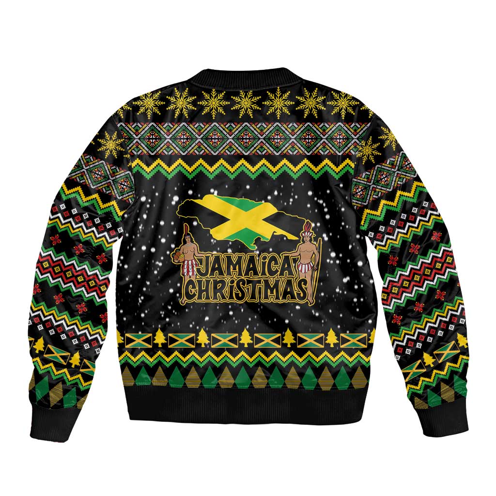 Black bomber jacket with zip front, ribbed cuffs, Jamaica Christmas flag graphic
