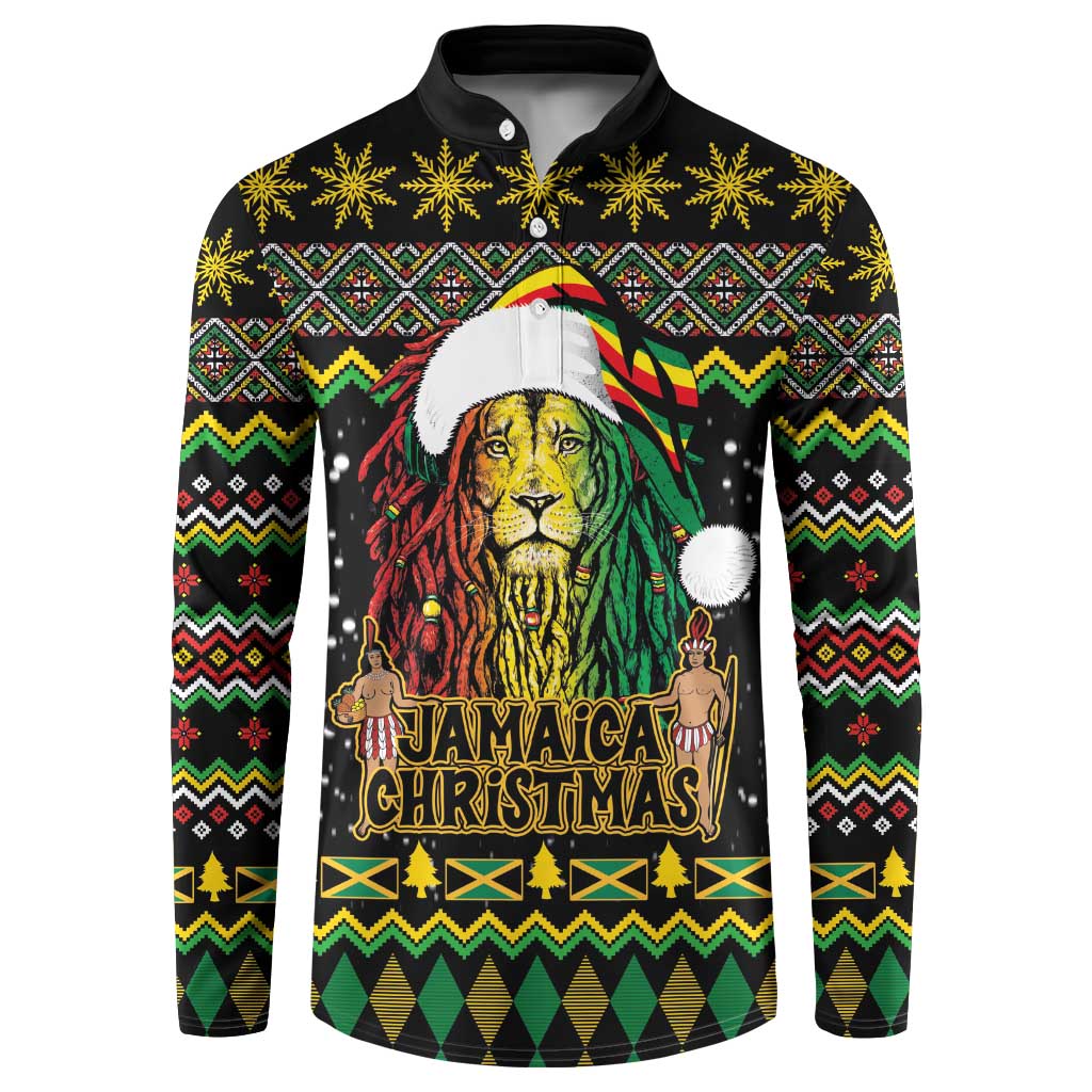 Black button sweatshirt with Rastafarian lion, Jamaica Christmas text, festive holiday patterns