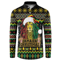 Black button sweatshirt with Rastafarian lion, Jamaica Christmas text, festive holiday patterns