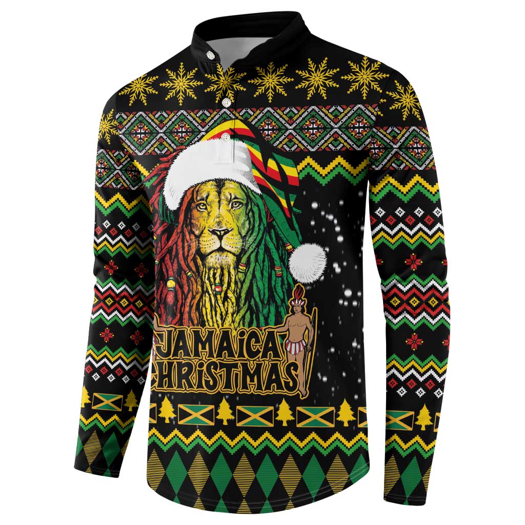 Black button sweatshirt with Rastafarian lion in Santa hat, Jamaica Christmas graphic