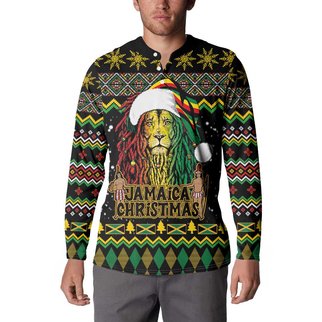 Black button sweatshirt with Rastafarian lion, Santa hat and Jamaica Christmas graphic