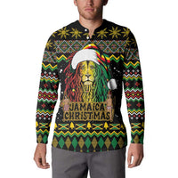 Black button sweatshirt with Rastafarian lion, Santa hat and Jamaica Christmas graphic