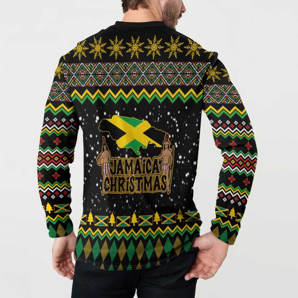 Black button sweatshirt back print with green-yellow Jamaica flag and Jamaica Christmas text