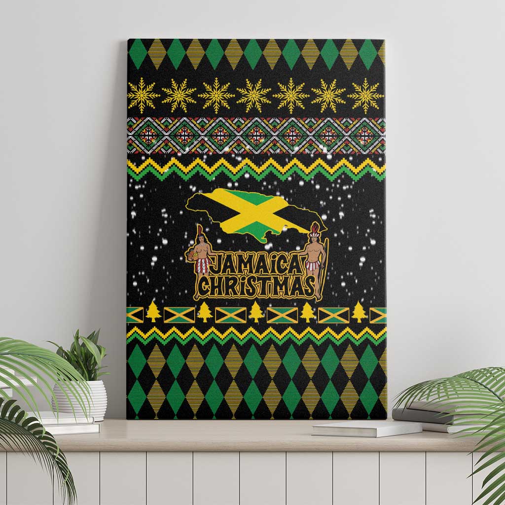 Black canvas wall art featuring Jamaica Christmas logo, yellow-green Jamaica map and festive bands