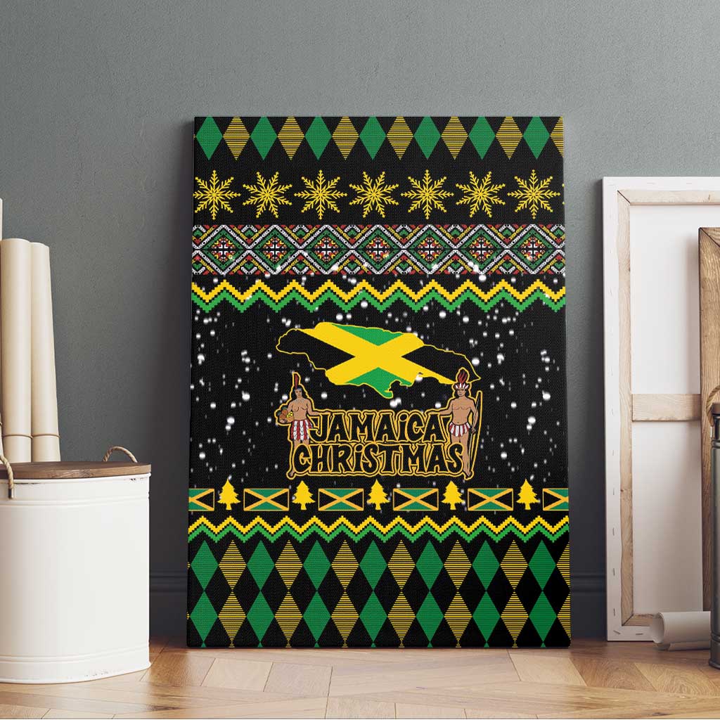 Black canvas wall art with Jamaica Christmas lettering, yellow-green Jamaica map and green-gold zigzags
