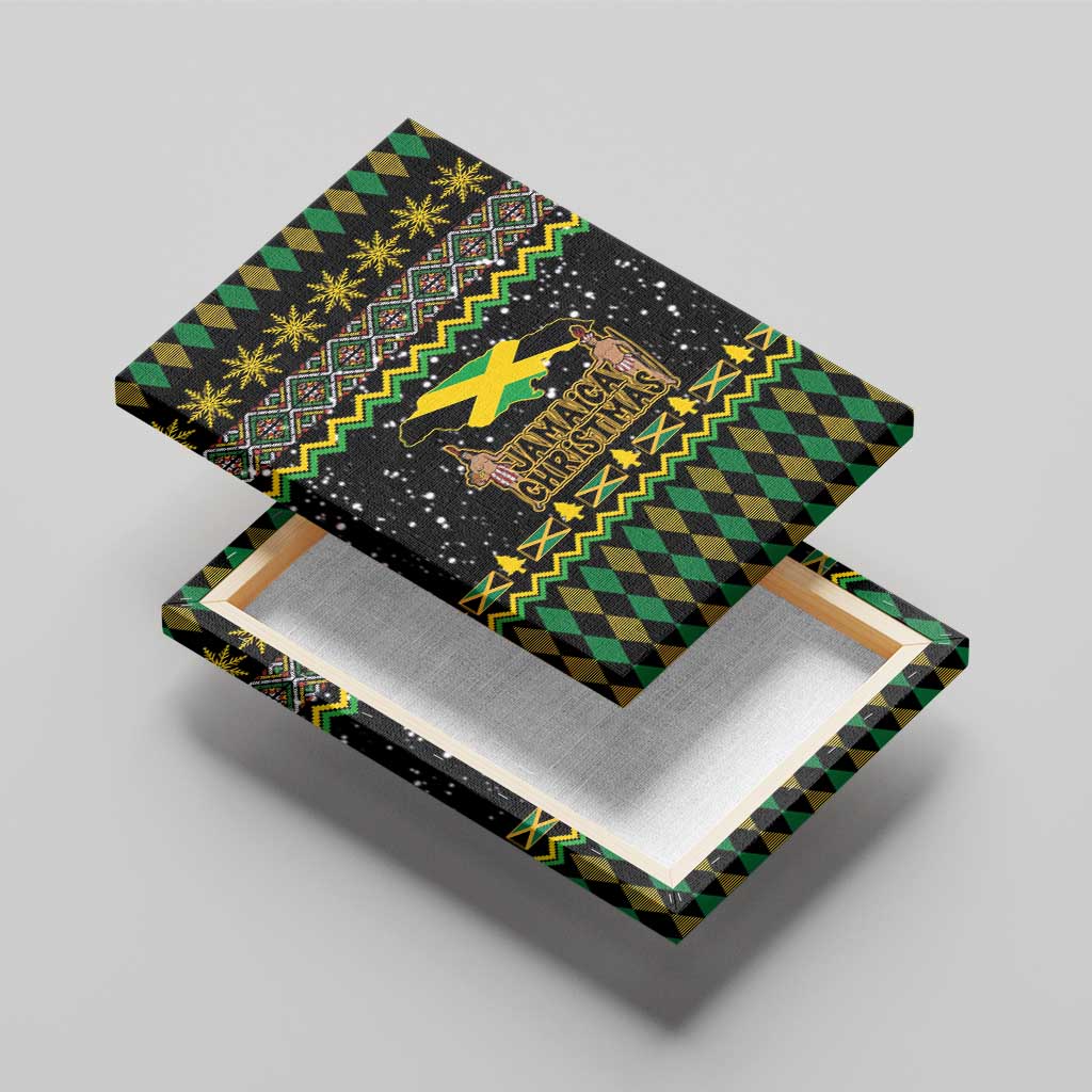 Black canvas wall art on base, Jamaica Christmas graphic with yellow-green map and zigzag trim