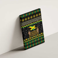 Black canvas wall art side view, Jamaica Christmas text with yellow-green map and diamond pattern