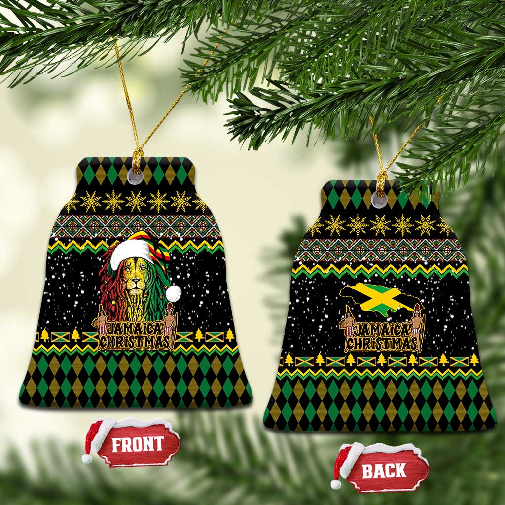 Black bell-shaped ceramic Christmas ornament with Rastafarian lion and Jamaican Christmas pattern, gold string