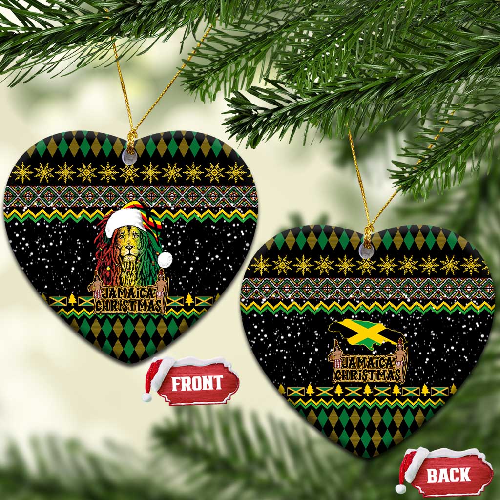 Black heart-shaped ceramic Christmas ornament with Rastafarian lion and Jamaican Christmas graphic, gold string