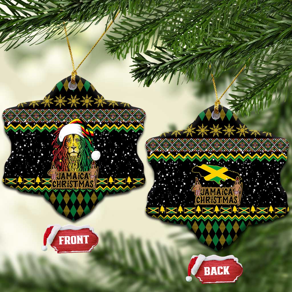 Black star-shaped ceramic Christmas ornament with Rastafarian lion and Jamaican Christmas design, gold string