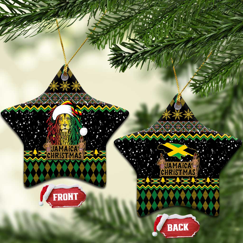 Black star-shaped ceramic ornament with Rastafarian lion and Jamaican Christmas graphic, gold hanging cord