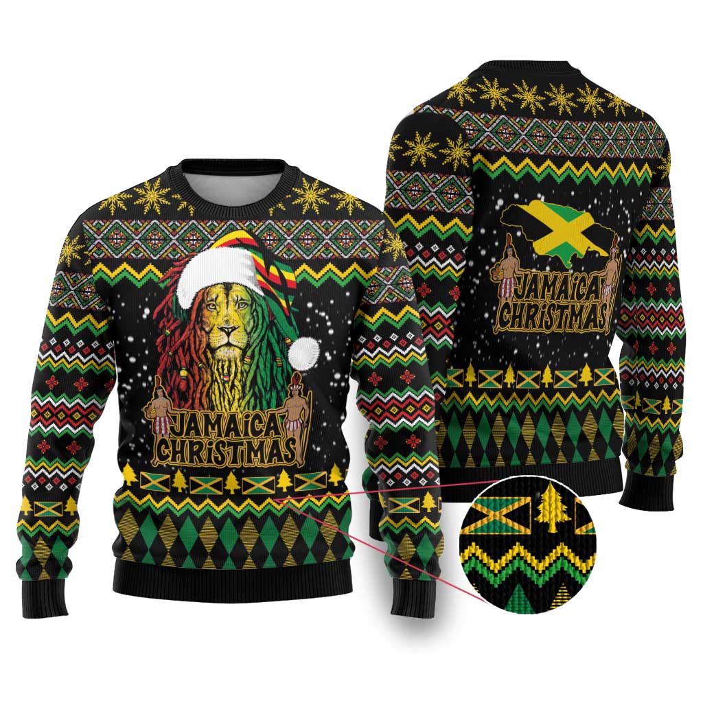 Jamaican Christmas Ugly Christmas Sweater - Rastafarian Lion with Xmas Elements Reggae Style