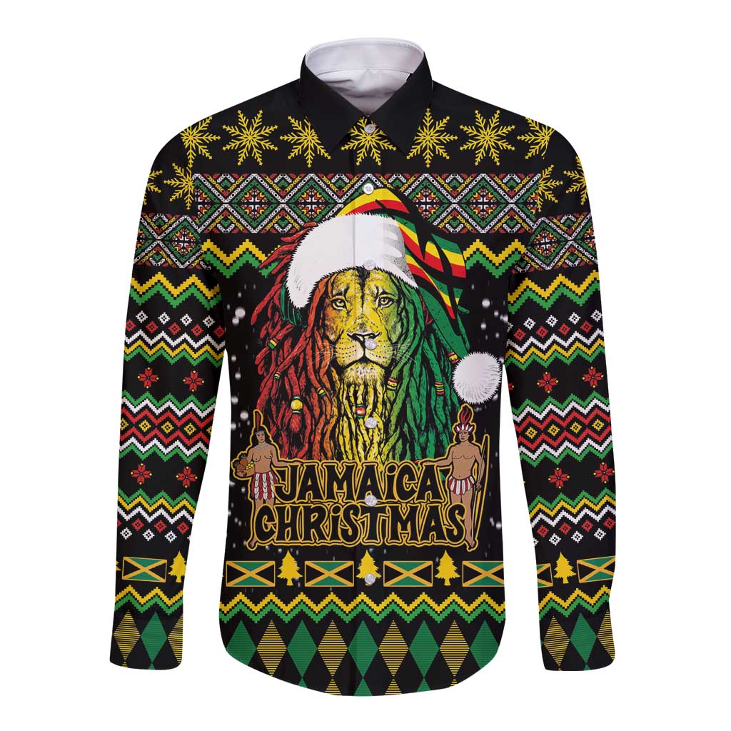 Black long-sleeve button shirt with Jamaican Christmas lion graphic and holiday patterns