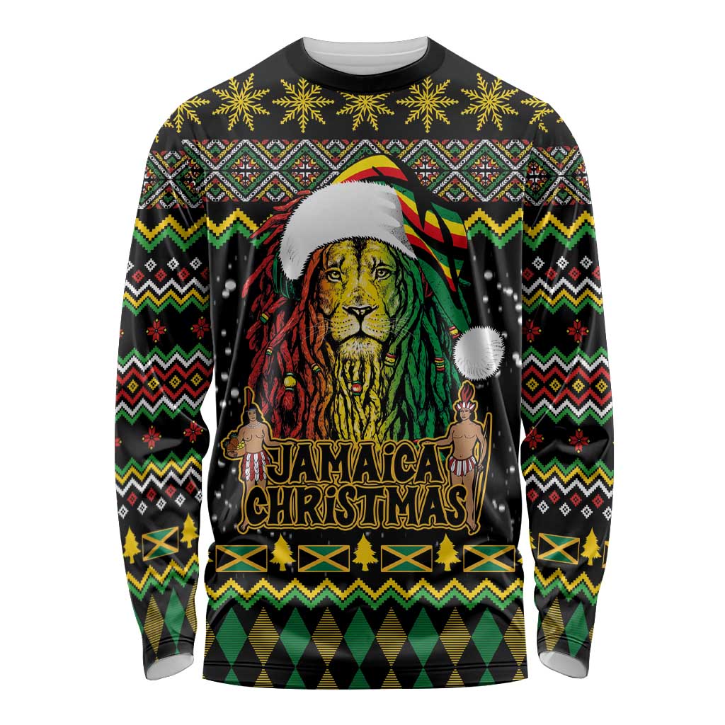 Black long sleeve shirt with Jamaica Christmas graphic, lion in Santa hat, zigzag trim