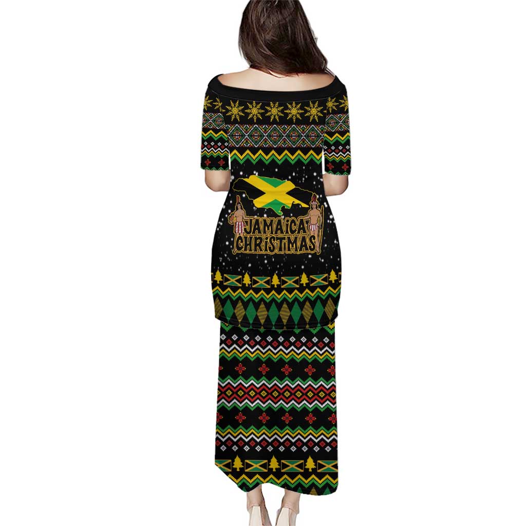 Black long puletasi dress back view with lion emblem, Jamaica Christmas print, and colorful trim