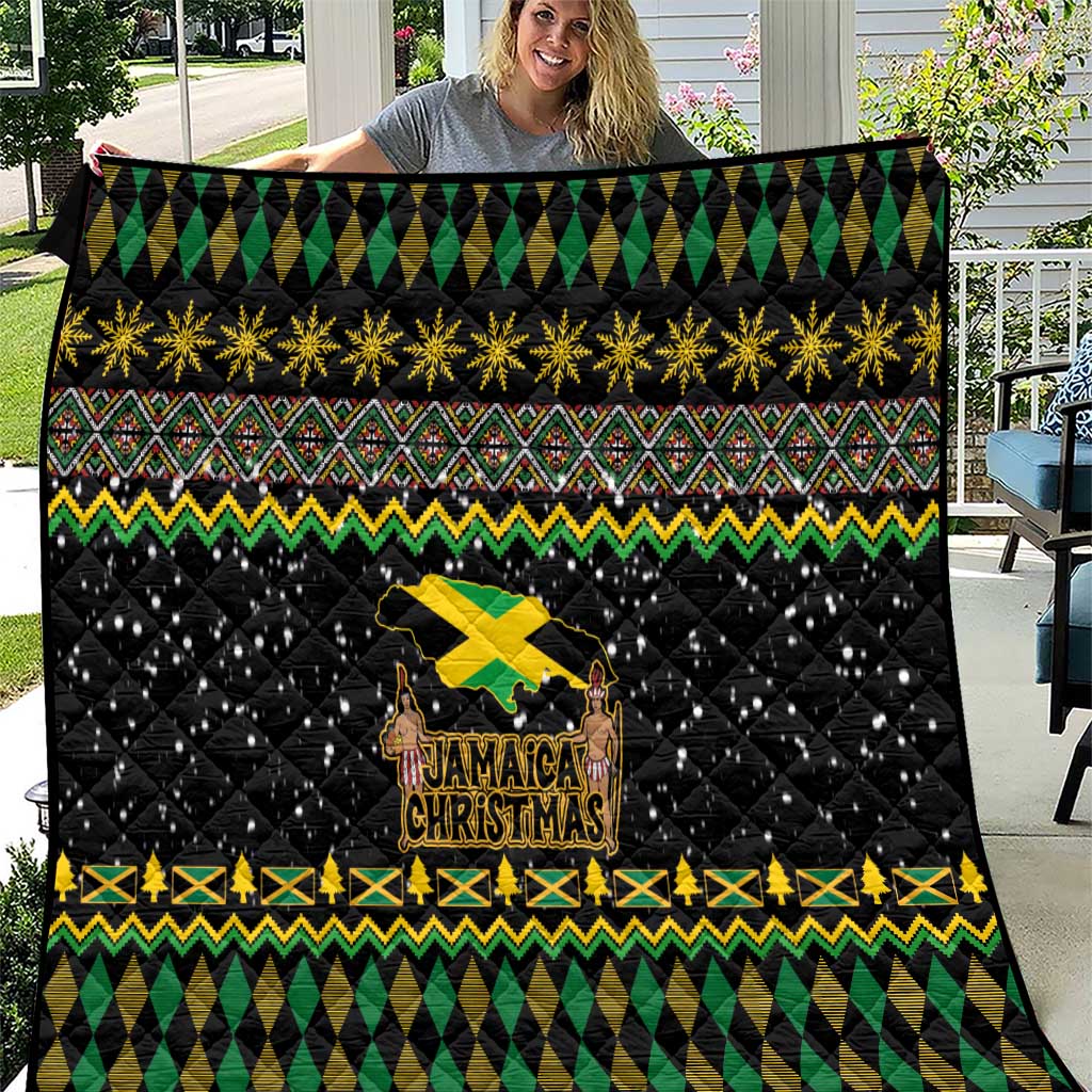 Black quilt with green diamond borders, yellow zigzags, and Jamaica Christmas lion graphic