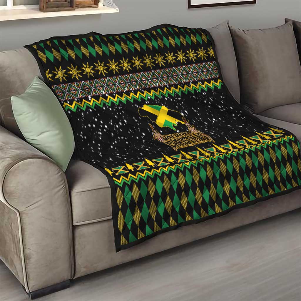 Black quilt throw with green diamond pattern and yellow star trim, featuring Jamaica Christmas lion