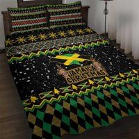 Quilt bed set: black with green/yellow zigzags, star accents, and Jamaican Christmas lion print