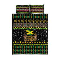Quilt bed set with pillows: black with green/yellow chevrons, stars, Jamaican Christmas lion